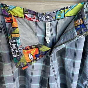 Lululemon Althetica Men’s Plaid Kahuna Shorts Comic Theme Gray Teal Blue | Sz 38